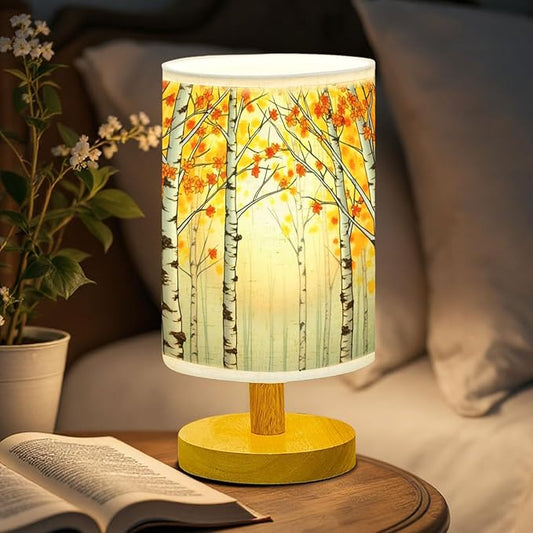 Birch Trees Table Lamp LED 3-Color Pressed Bedside, Birch Trees Shade Lamp with Wood Base for Bedroom Living Room Desk Office