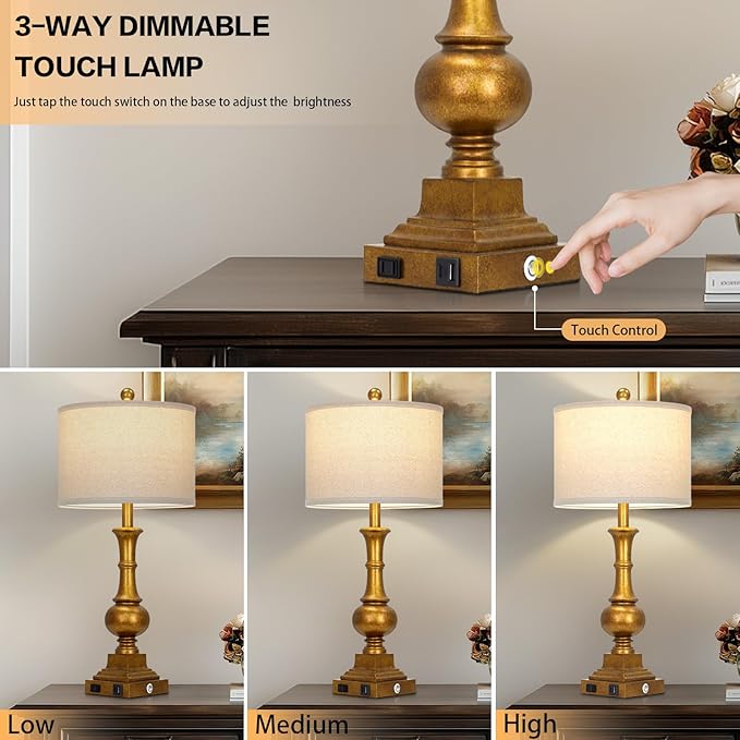 Farmhouse Table Lamps for Living Room, 26" Vintage Table Lamp Set of 2 with USB A+C Charging Ports & AC Outlets, Touch Control 3-Way Dimmable Rustic Bedside Nightstand Lamps for Bedroom Gold Brass