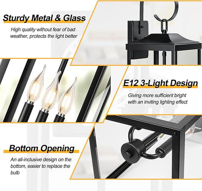 24" Extra Large Outdoor Wall Light for House, Black 3-Light Waterproof Exterior Porch Lamp Wall Mount, Modern Outside Wall Sconce Coach Light with Clear Glass, E12, 1-Pack