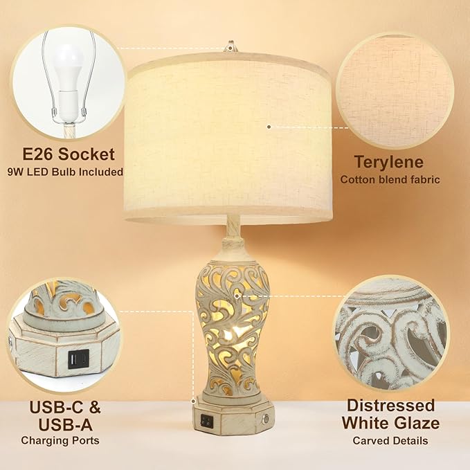 Bedside Lamps, Stepless Dimming, 3 Color Temperatures, Bedroom Lamps for Nightstand, Table Lamp with USB Port, Living Room Table Lamp, Farmhouse Lamps for Living Room(Bulbs Included)