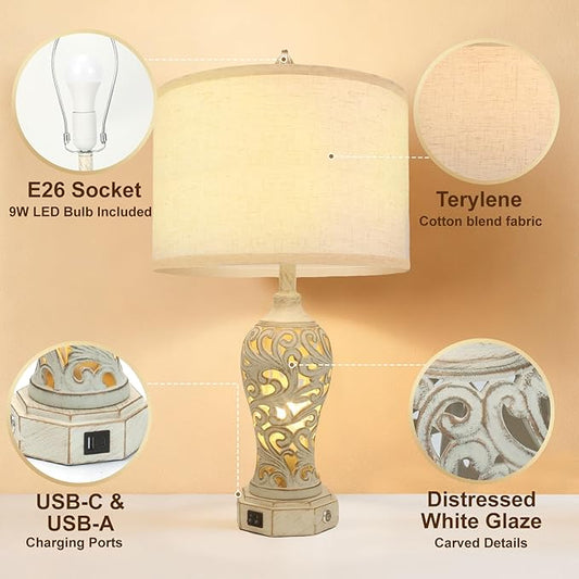 Bedside Lamps, Stepless Dimming, 3 Color Temperatures, Bedroom Lamps for Nightstand, Table Lamp with USB Port, Living Room Table Lamp, Farmhouse Lamps for Living Room(Bulbs Included)