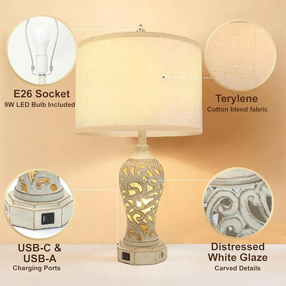 Bedside Lamps Set of 2, Stepless Dimming, 3 Color Temperatures, Bedroom Lamps for Nightstand, Table Lamp with USB Port, Living Room Table Lamp, Farmhouse Lamps for Living Room(Bulbs Included)