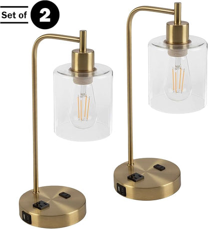 Lavish Home Set of 2 Table Lamps - Industrial Lamps with USB Ports, Touch Control, and Edison Bulb - Living Room, Office, or Bedroom Decor (Gold)