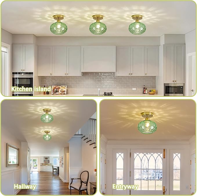 Green Glass Semi Flush Mount Ceiling Light - 2 Pack,7.9 Inch Hammered Glass Hallway Light fixtures Ceiling, Vintage Gold Art Deco Ceiling Light for entryway Foyer Laundry Room Kitchen
