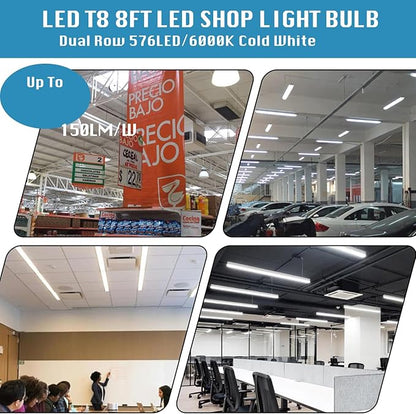 (4-Pack),T8/T10/T12 8FT LED Tube Light, Single Pin FA8 Base, 100W 15000LM 6000K Cold White, 180 Degree Flat Shaped LED Fluorescent Bulb (250W Equiv.), Frosted Cover, Dual-Ended Power