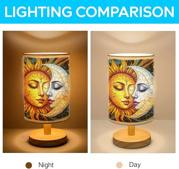 Sun and Moon Table Lamp LED 3-Color Pressed Bedside, Sun and Moon Shade Lamp with Wood Base for Bedroom Living Room Desk Office TL01