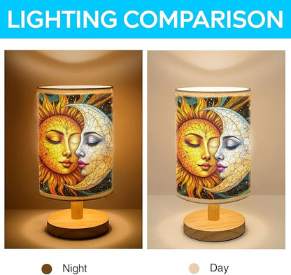 Sun and Moon Table Lamp LED 3-Color Pressed Bedside, Sun and Moon Shade Lamp with Wood Base for Bedroom Living Room Desk Office TL01