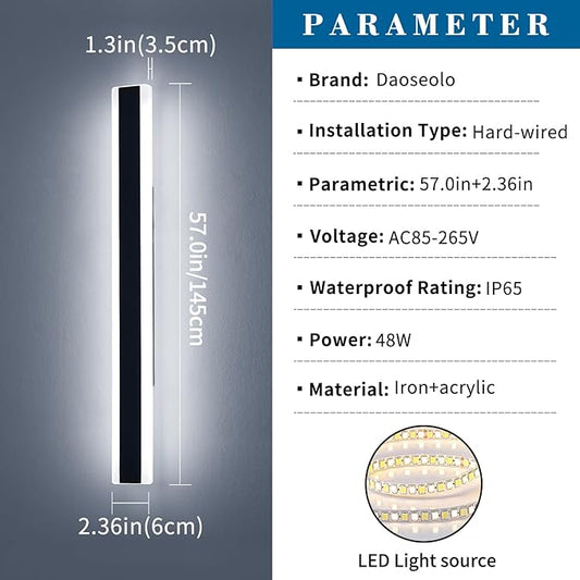 57inch Exterior Wall Light Fixture, 6000K Cold White, Modern Long Outdoor Wall Sconce, IP65 Waterproof, 50W, Black Minimalist Outside LED Strip Lights for Garage, Patio, Balcony, Fence