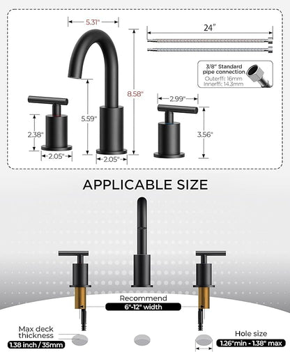 FORIOUS Black Bathroom Faucet 3 Hole, 8 Inch Matte Black Bathroom Sink Faucet Widespread with 360° Swivel Spout, Suitable for 6-12 Inch Vanity Sink, with Pop-up Drain and cUPC Supply Line