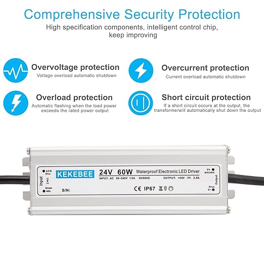 LED Driver 24V 60W Waterproof Switching Power Supply AC 90-240V to DC 24V 2.5A Low Voltage Transformer IP67 Converter Suitable for Indoor and Outdoor LED Strip Lights and Light Strings