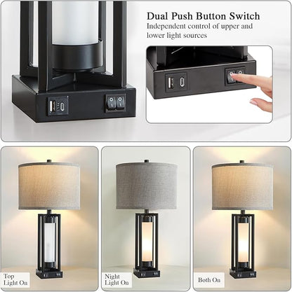 RORIANO Set of 2 Modern Table Lamps for Living Room with USB C+A Ports, Rustic Nightstand Lamp with White Night Light, Retro Desk Lamp for Bedroom End Table Entryway, 4 Bulb Included (Black)