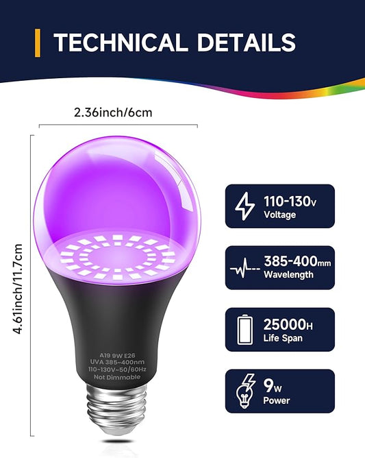 UNILAMP Black Light Bulbs: A19 9W UV Black Light Bulb, UVA 385-400nm, Black Light for Glow in The Dark for Face Body Paint, Blacklights Party, Halloween Decoration, 4 Pack