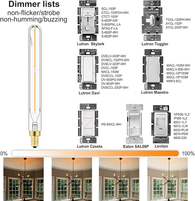 Leools E12 Led Long Bulb,7.3Inch Long Tubular Light Bulbs,T6 B11 Candelabra Bulb 40 watt for Chandeliers,Clear Glass,Warm White,2700K 400LM 4W Dimmable Tube E12 Led Edison,185mm,6Pack