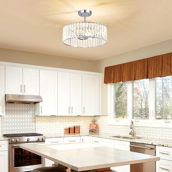 Crystal Chrome Semi Flush Mount Ceiling Light Modern Hallway Light Fixture Metal Close to Lamp for Kitchen Living Room Bathroom Entryway Bedroom(15.75 inch)