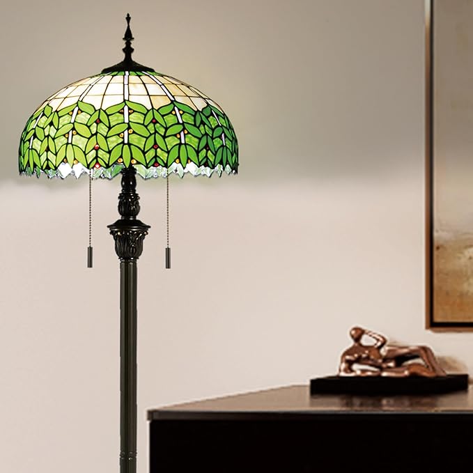 Tiffany Style Floor Lamp, 16" Stained Glass Green Leaf Shade with Antique Bronze Base, 2-Light E26 Pull Chain Standing Reading Light for Living Room, Bedroom, UL Listed, 16x16x64 Inches