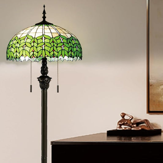 Tiffany Style Floor Lamp, 16" Stained Glass Green Leaf Shade with Antique Bronze Base, 2-Light E26 Pull Chain Standing Reading Light for Living Room, Bedroom, UL Listed, 16x16x64 Inches