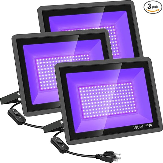 3 Pack 150W LED Black Lights, Blacklight Flood Light Outdoor with Plug and Switch, IP66 Waterproof for Dance Party, Glow in The Dark, Halloween Lights, Body Paint, Fluorescent Poster