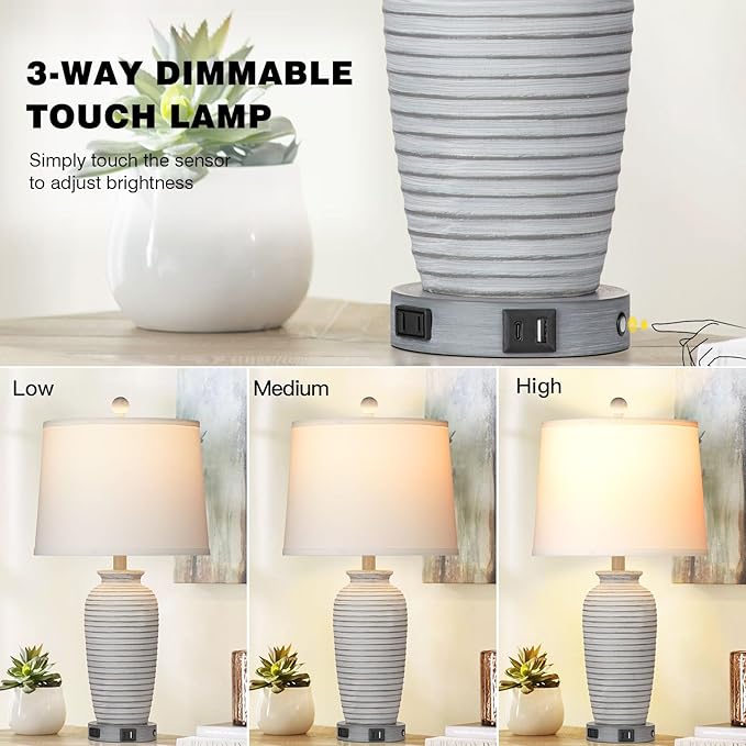 25" Farmhouse Jar Table Lamps Set of 2, 3 Way Touch Control Rustic Bedside Lamps with USB A+C Ports & AC Outlet, Pot Nightstand Lamps for Bedroom Living Room (LED Bulbs Included)