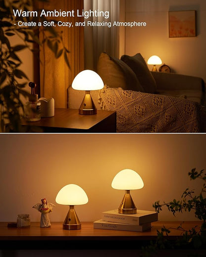 Small Cordless Mushroom Table Lamp, Mini Rechargeable Battery Powered Night Light, Touch Control Dimmable, Portable Gold Lamp for Kitchen Restaurant Dining Table Bathroom Patio