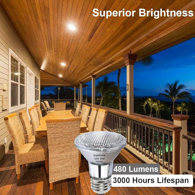 PAR20 Flood 39W 120V 480 Lumens- 6 Pack PAR20 Flood Light Bulbs with E26 Base, PAR 20 Dimmable 2800K Warm White, Long Lasting 39W PAR 20 Bulb for Recessed Lighting & Range Hood Light Bulbs
