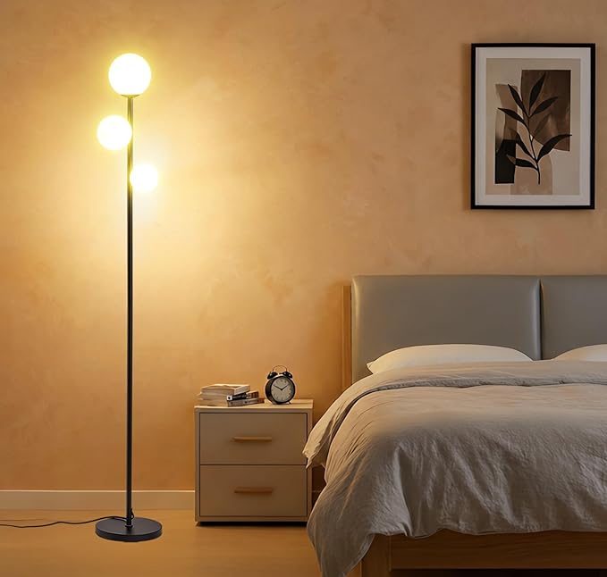 Fiqevs 3 Globe Mid Century Modern Floor Lamp, 3 x 800LM LED Bulbs Included, Matt Black Standing Lamp with Sphere Frosted Glass Shade, Vintage Retro Tall Pole Lamp for Living Room, Bedroom Office
