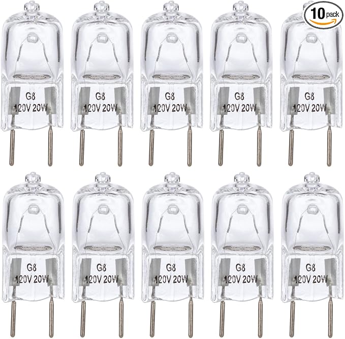 Simba Lighting Halogen Light Bulb G8 T4 20W JCD Bi-Pin (10 Pack) Shorter 1-3/8" (1.38") Length for Under Cabinet Puck Lights, Kitchen Hood, Landscape Lights, Desk Lamps 120V Dimmable, 2700K Warm White