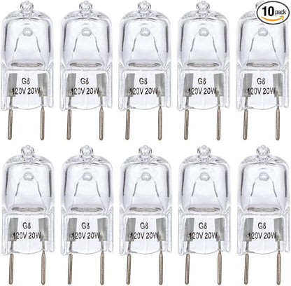 Simba Lighting Halogen Light Bulb G8 T4 20W JCD Bi-Pin (10 Pack) Shorter 1-3/8" (1.38") Length for Under Cabinet Puck Lights, Kitchen Hood, Landscape Lights, Desk Lamps 120V Dimmable, 2700K Warm White