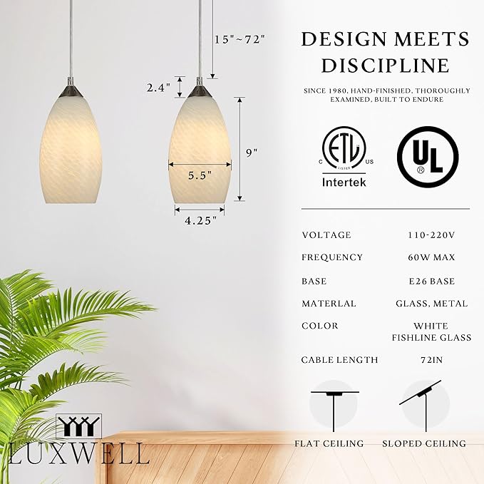 Pendant Lighting, Modern White Fishline Handblown Glass, 4.25" x 9" Tall, Oval Art Shade Hanging Light, Brushed Nickel Hardware for Kitchen, Dining Room, Foyer Decor 4.7" Shade (1 Pack)
