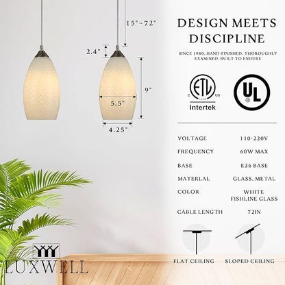 Pendant Lighting, Modern White Fishline Handblown Glass, 4.25" x 9" Tall, Oval Art Shade Hanging Light, Brushed Nickel Hardware for Kitchen, Dining Room, Foyer Decor 4.7" Shade (1 Pack)