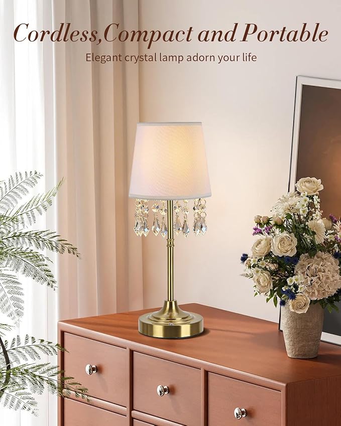 Cordless Table Lamp with Dangling Crystals, 3 Color Temperature Dimmable Rechargeable Lamp, 5200mAh Battery Operated Ambient Light for Bedroom,Living Room,Restaurant,Bar,Home Decor Lights