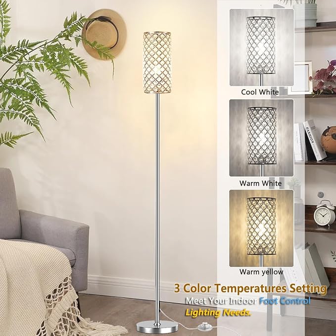 Crystal Floor Lamps - Modern Silver Standing Lamp with 3 CCT LED Bulbs for Elegant Home Decor Living Room and Bedroom Lighting