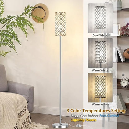 Crystal Floor Lamps - Modern Silver Standing Lamp with 3 CCT LED Bulbs for Elegant Home Decor Living Room and Bedroom Lighting