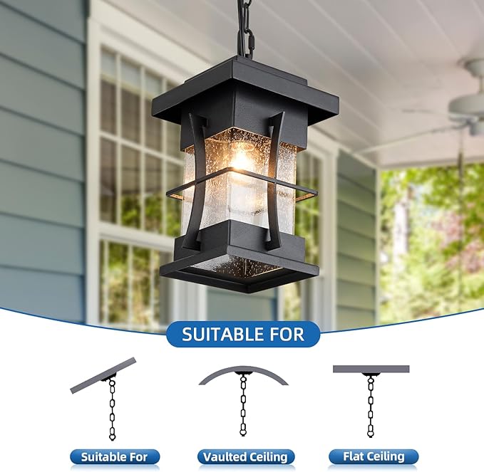 Motion Outdoor Pendant Light Fixture with Dusk to Dawn Sensor Exterior Hanging Lantern with Adjustable Chain Black with Seeded Glass Outside Lights for House Patio Front Porch Lighting