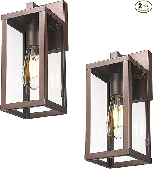 Outdoor Wall Light with Clear Glass, Anti-Rust Exterior Wall Sconce, Weather Resistant Outdoor Lantern, Exterior Lighting for Porch, Patio, Garage, Entryway (Oil-Rubbed Bronze, 13" Height-2 Pack)