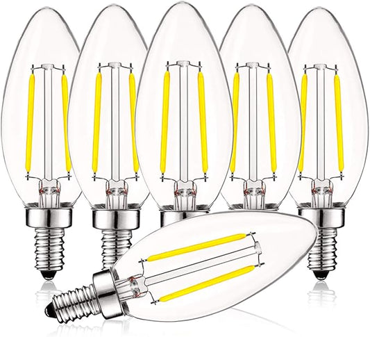 LUXRITE 4W Vintage Candelabra LED Bulbs Dimmable, 400 Lumens, 5000K Bright White, LED Chandelier Light Bulbs 40W Equivalent, Clear Glass, Filament Candle Bulb, UL Listed, E12 Base (6 Pack)
