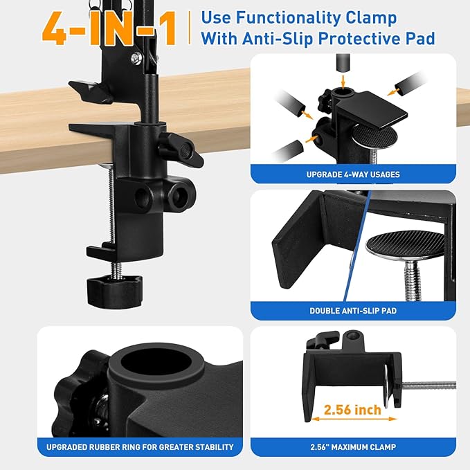 12X Ultra Long 3-Section Swing Arm Lighted Magnifier Lamp, NUEYiO 5.3* 3.2" Square Large Magnifying Glass with Light and Stand, 5 Color Mode, 4-way Metal Clamp Hands-Free Craft Lamp for Sewing Repair