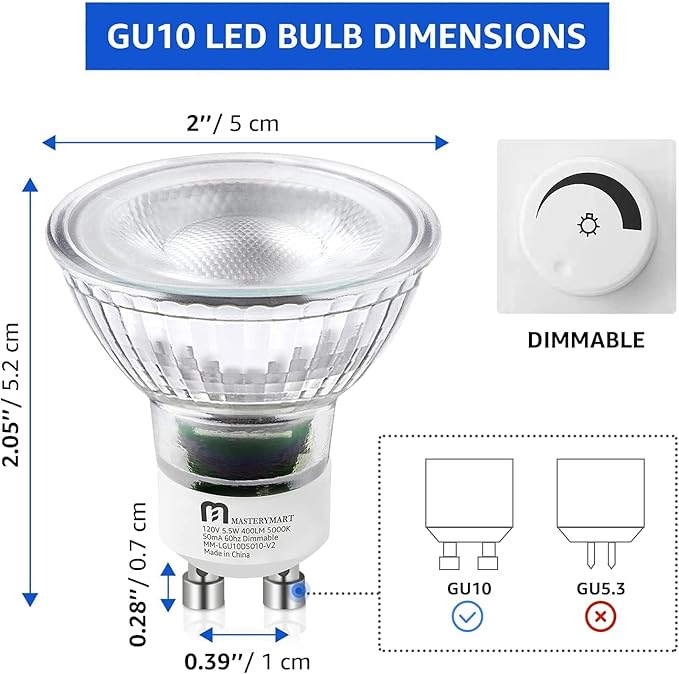 MASTERY MART GU10 LED Light Bulbs Dimmable, 50 Watt Halogen Equivalent 5.5W MR16 Spot, 400lm 40° Beam Angle Flood Light Bulbs 5000K Daylight White, 10 Pack