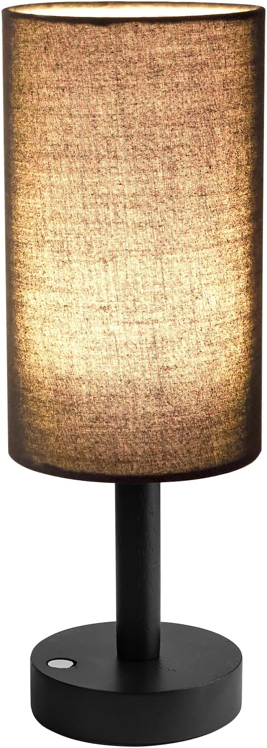 Small Table Lamp Nightstand Lamp Linen Lampshade Bedroom Wood Base Small Bedside Lamp for Night Stands, Desk Lamps for Reading Living Room, Office (LED Bulb Included) (Black and Cordless)