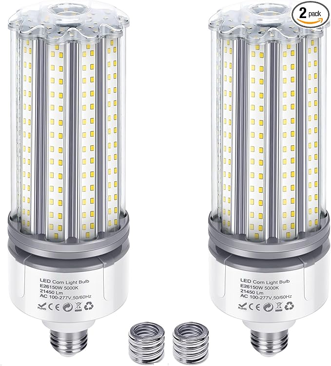 150W LED Corn Cob Light Bulb 2Pack, 700W MH/HPS Equivalent, 5000K Daylight, E26 Base with E39 Mogul Base adapters, Commercial Industrial Lighting Gyms Garage Workshop Bay Light Fixture
