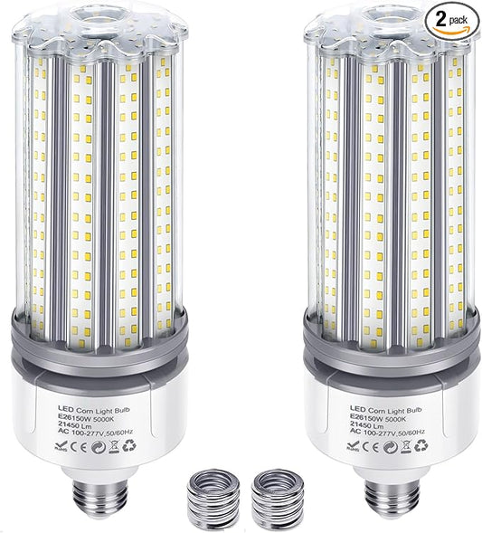 150W LED Corn Cob Light Bulb 2Pack, 700W MH/HPS Equivalent, 5000K Daylight, E26 Base with E39 Mogul Base adapters, Commercial Industrial Lighting Gyms Garage Workshop Bay Light Fixture