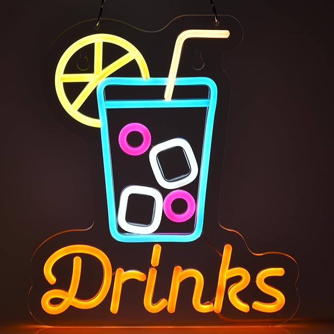 Drinks Neon Sign for Wall Decor Cool Drink Light up Sign Cold Drinks Cocktail 3D Art Wall Neon for Home Bar Club Party Restaurant Cafes, USB Powered 12.6" x 11" Handmade LED Neon Tubing Signs