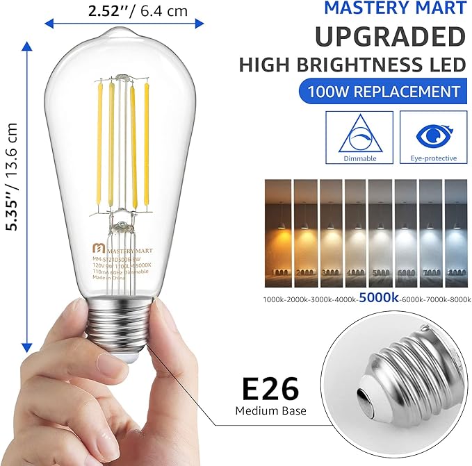 MASTERY MART 100 Watt LED Bulb, Edison Bulbs, Dimmable Lightbulbs E26, 5000K Daylight White Bright 9W 1100 Lumens, ST21/ST64 Vintage Lightbulb, UL Listed, Clear Glass, Decorative Light Bulb (10 Pack)