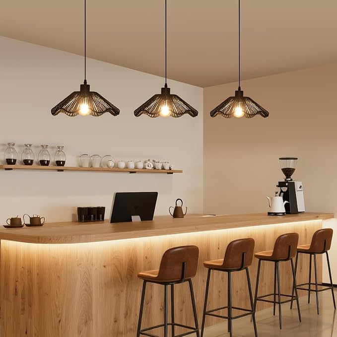 3 Pack Black Woven Pendant Light Fixtures,11.81" Rattan Pendant Lights Farmhouse Basket Light Fixture Adjustable Boho Hanging Lamp for Kitchen Island Bedroom Dining Room Foyer Hallway