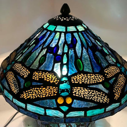 Bieye L10906 Tiffany Style Stained Glass Mushroom-Shaped Double Lit Table Lamp for Home Decor (10-inch, Blue Dragonfly)