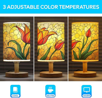 Tulip Table Lamp LED 3-Color Pressed Bedside, Tulip Shade Lamp with Wood Base for Bedroom Living Room Desk Office TL01