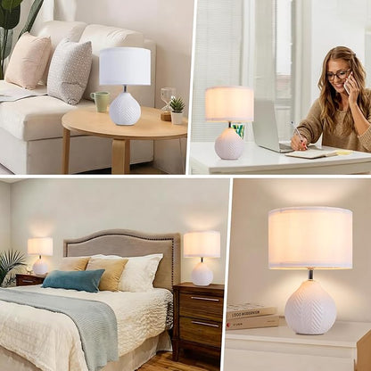 12" Ceramic Table Lamps Set of 2, Small White Bedside Nightstand Lamps with Linen Shade, Farmhouse Rustic Mid Century Modern Lamp for Bedroom Living Room Office Nursery, Cute Desk Lamp for Reading