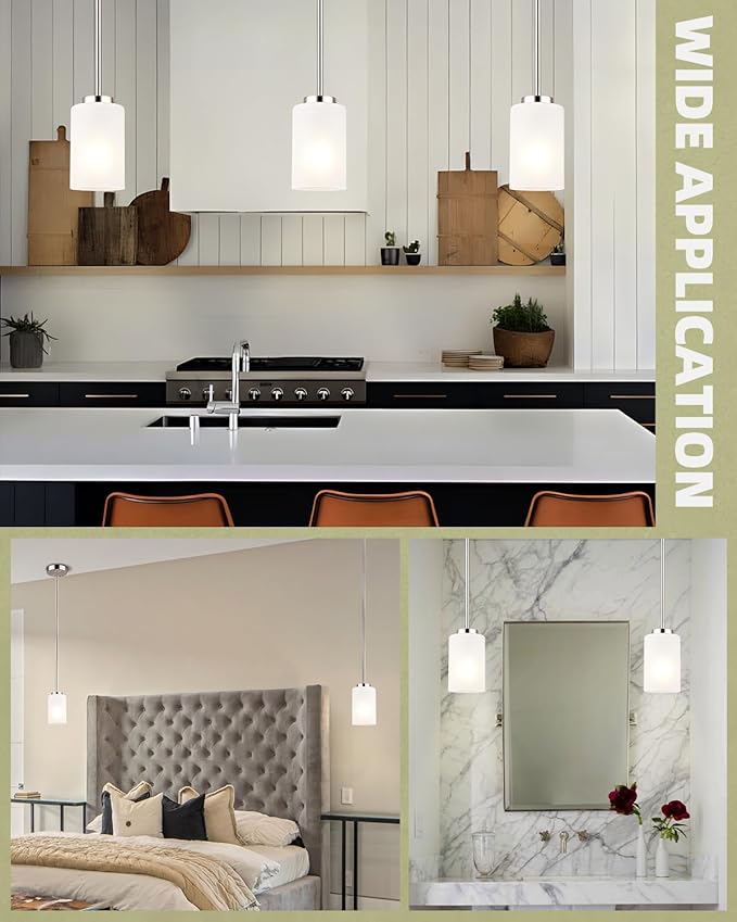 3 Pack Mini Pendant Light, Brushed Nickel Hanging Ceiling Lights with White Frosted Glass Shade, Modern Adjustable Lights for Kitchen Island Bedroom Hallway
