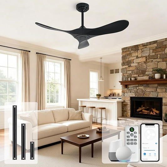 Outdoor Ceiling Fan Without Light, 42Inch Smart Ceiling Fan with Remote & Voice Control for Alexa/Google, 3-Blade Wood Fan, Quiet DC Motor, 6 Speeds for Patio, Porch, Farmhouse, Black