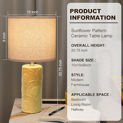 20.75" Ceramic Table Lamps for Living Room Set of 2, Yellow Flower Lamps for Bedroom Set of 2, Ceramic Bedside Lamp for Nightstand, Farmhouse Rustic Table Lamp for Home Decor