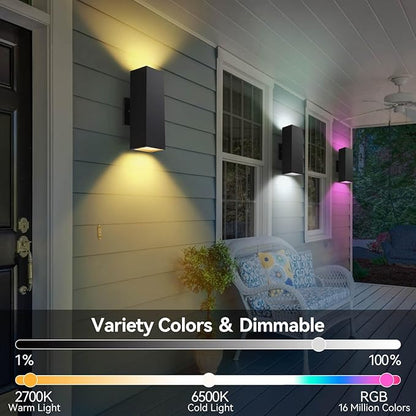 Outdoor Wall Lights 2 Pack, Aluminum Exterior Lighting Fixtures Dusk to Dawn Outdoor Lighting Color Changing Porch Lights with Matte Black Finish, Up and Down Lights Control with App and Voice